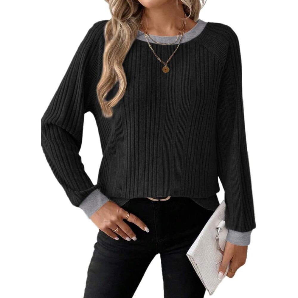 Long Sleeve Women's Casual Top Loose Fit Crewneck Pullover in Black